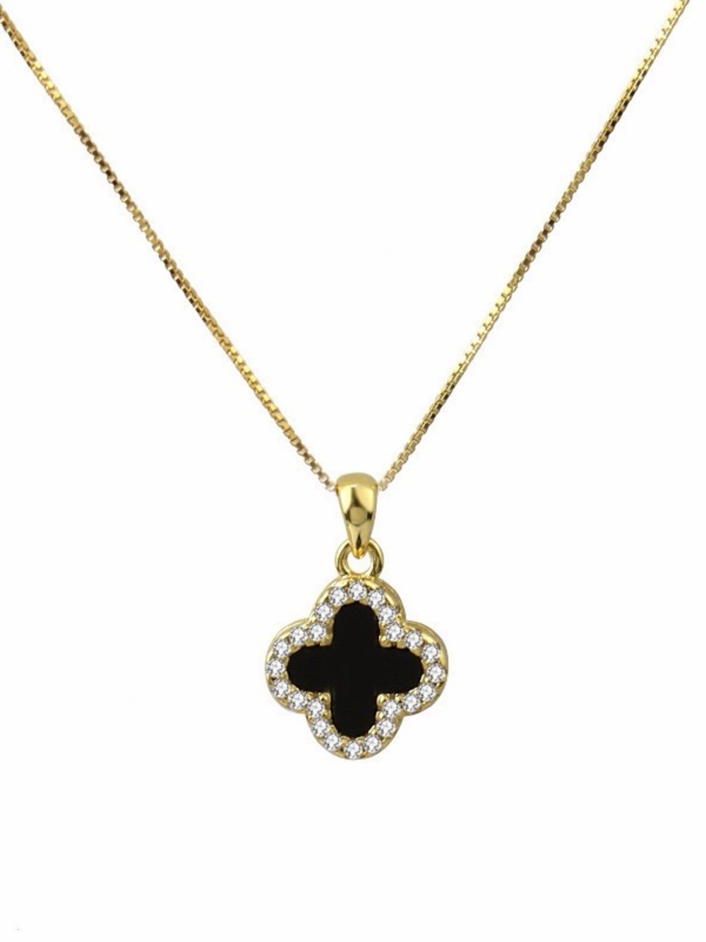 Titanium Steel in Gold-Plated Black Clover Pendant Necklace with Crystal Halo